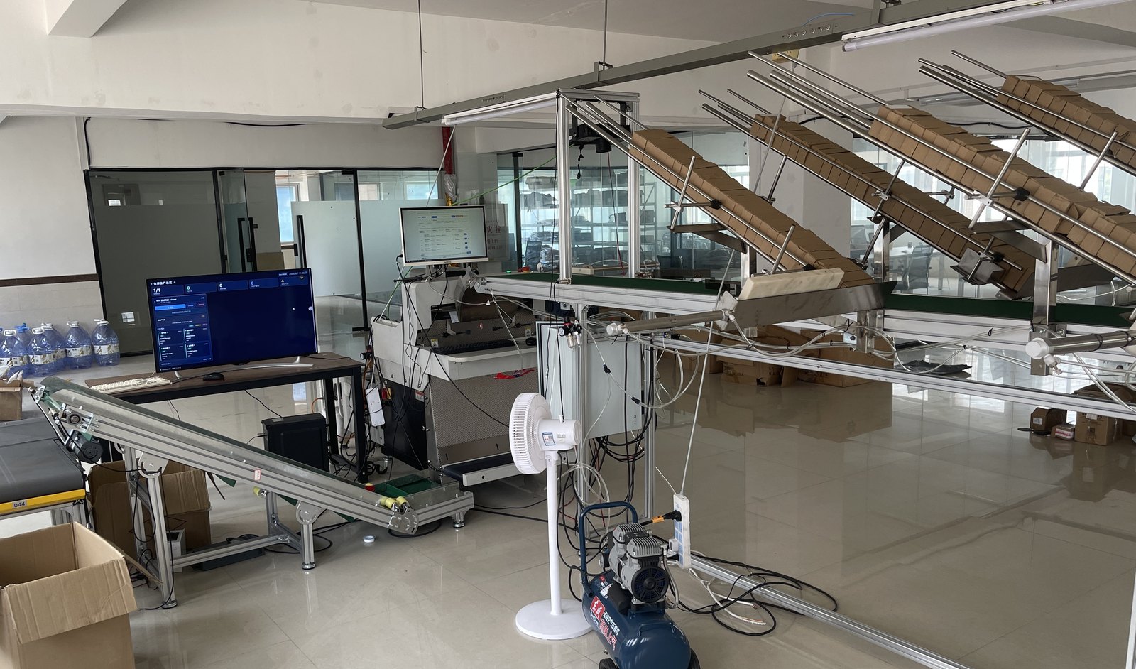 Line overview — conveyor, automatic packer, and the inclined sorting chutes